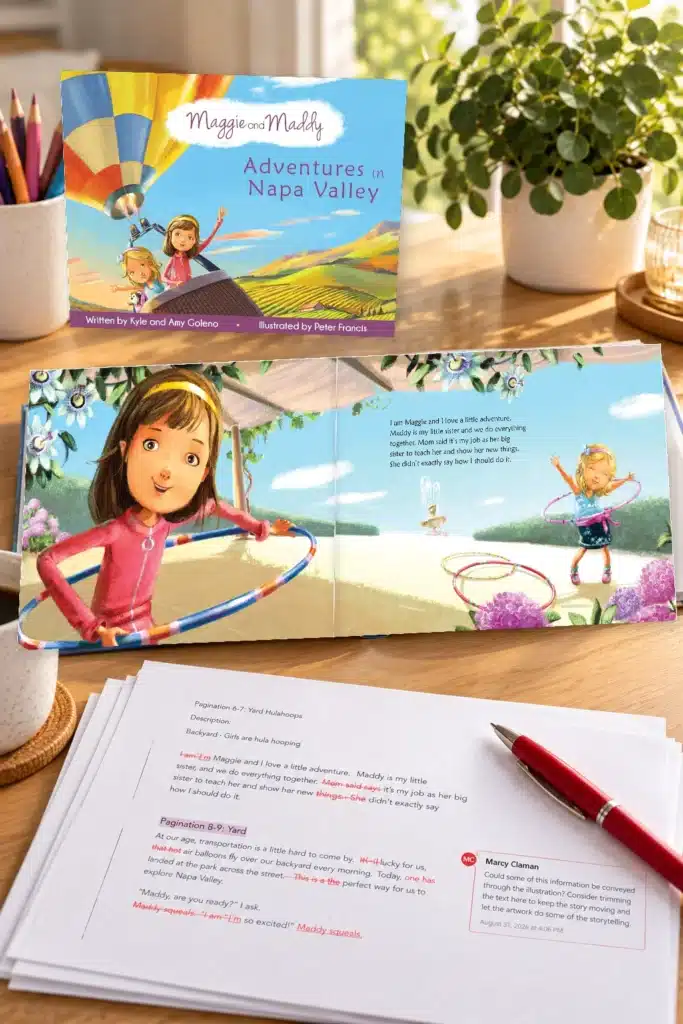 Children’s picture books beside manuscript pages with editorial annotations