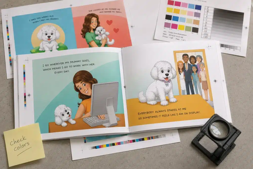 Illustrated picture-book proofs beside color swatches, notes, and a print loupe