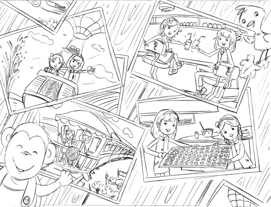 Pencil sketches of children’s book scenes arranged in panels