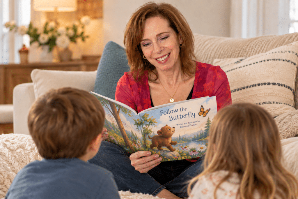 Woman reading Follow the Butterfly to two children