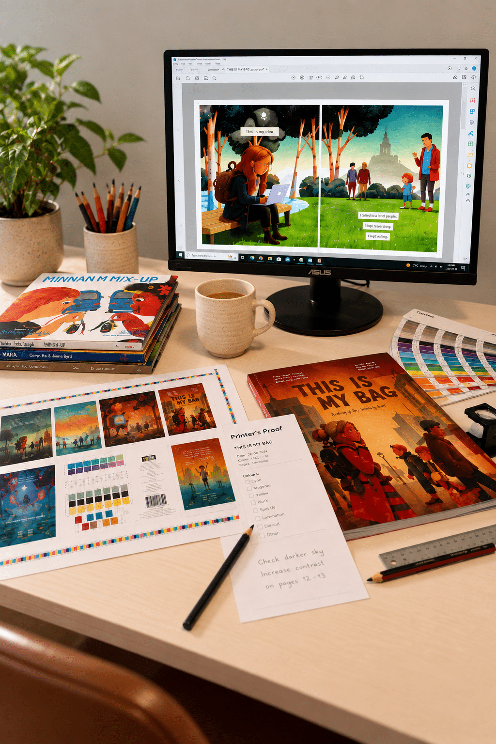 Computer monitor, printed book pages, and color swatches on a publishing desk