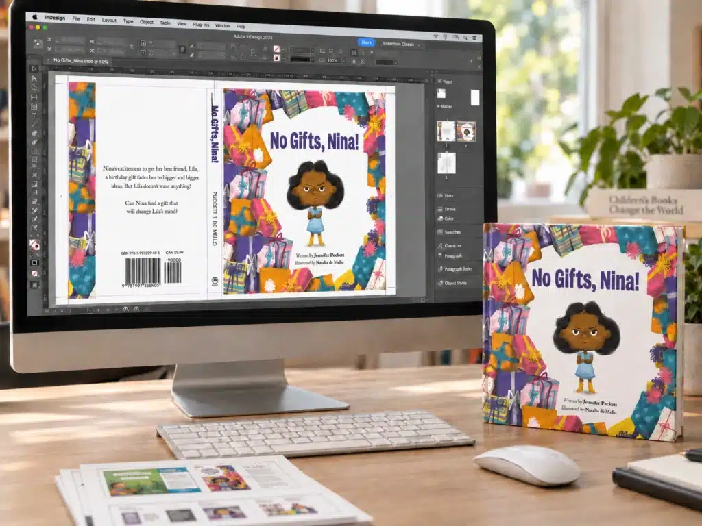 No Gifts, Nina! cover layout on a computer beside a printed book and design proofs