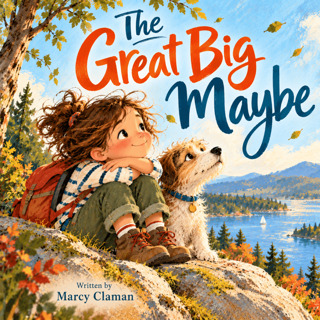 The Great Big Maybe cover illustration with a child and a small animal beside a lake
