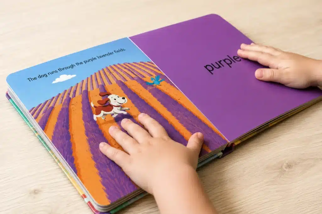 Child’s hands resting on an open illustrated board book