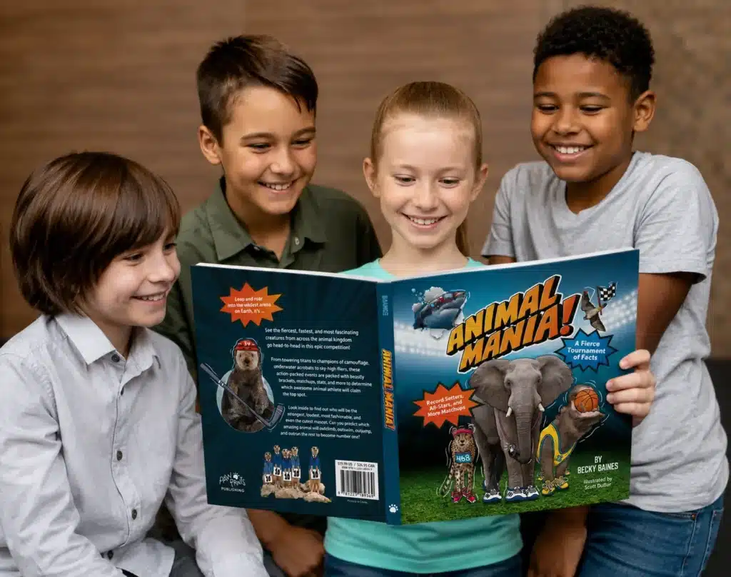 Four children reading Animal Mania! together