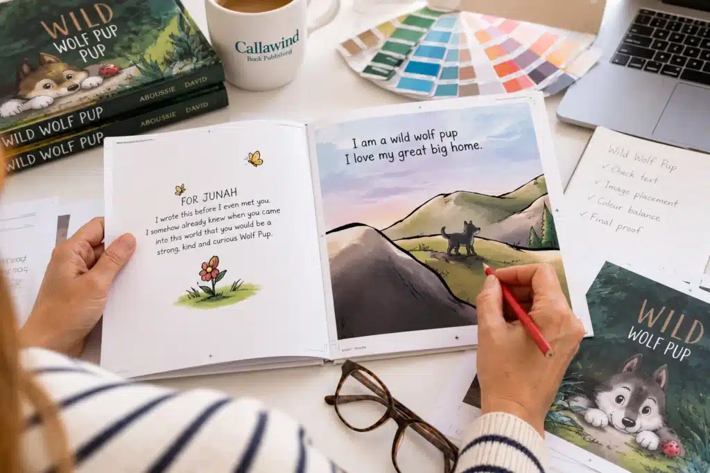 Hands reviewing Wild Wolf Pup book proofs beside notes and color swatches