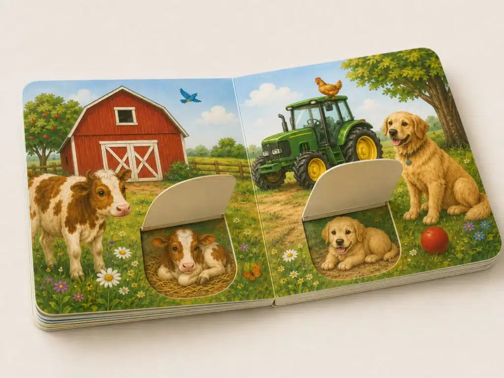 Open farm-themed board book with lift-the-flap illustrations