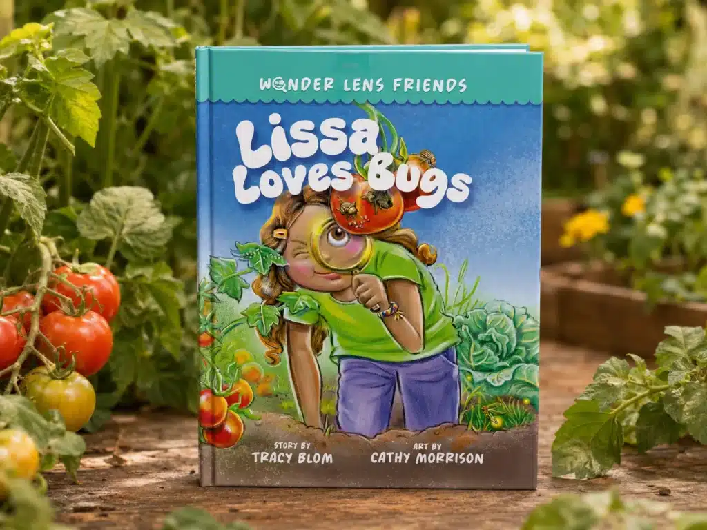 Lissa Loves Bugs book standing among plants in a garden